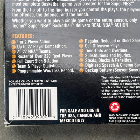 SNES 1993 Super Nintendo Tecmo Super NBA Basketball with Box and Manual - Picture 4 of 11